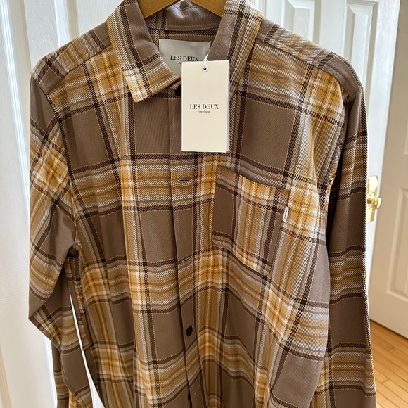 LES DEUX Keanu Check Twill Shirt Color Walnut/Ivory Size Medium - Picture 1 of 7